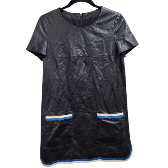 Women's Black Faux Leather Dress M Short Sleeve Mod Style Pockets & Trim - Picture 2 of 9